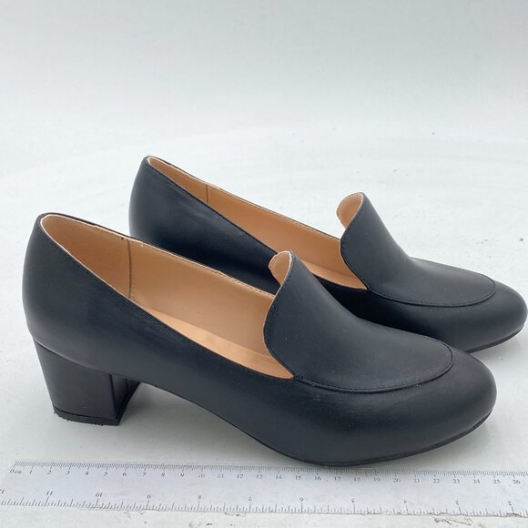 FOWT Black Loafer Slip Ons Closed Round Toe Block Chunky Heels Pumps Shoes - Picture 1 of 7